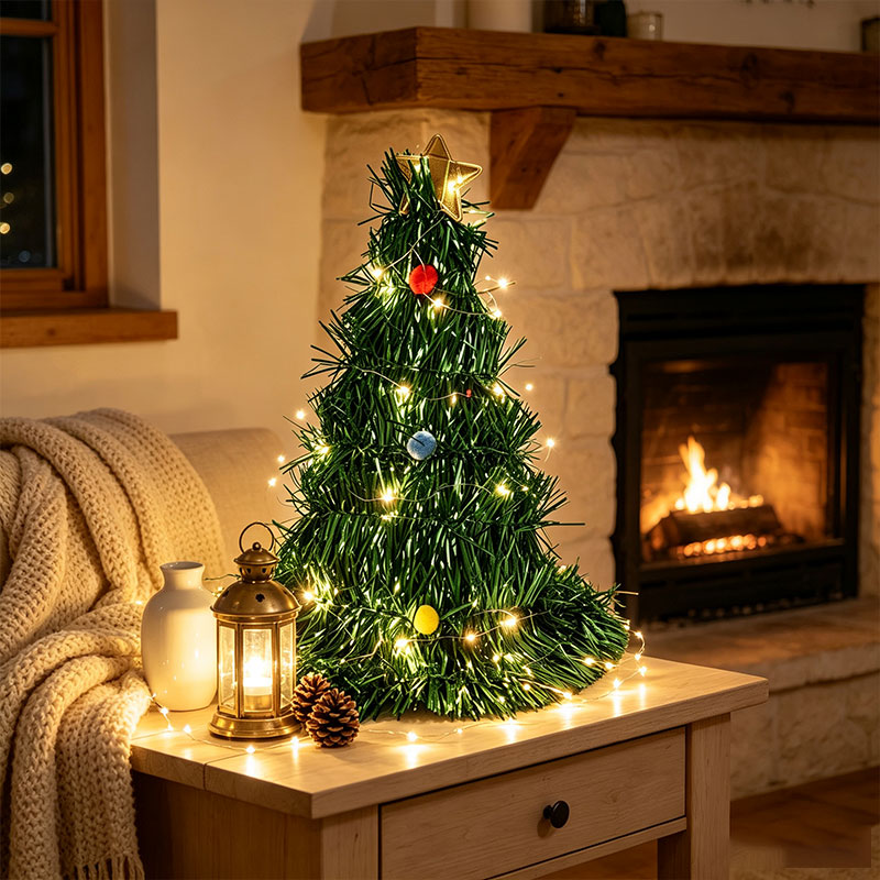 Tinsel Garland Decoration - Składana zielona mini choinka z cienkiej